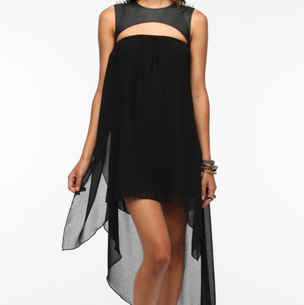 UNIF black sheer asymmetrical faux leather spiked shoulder cutout dress XS